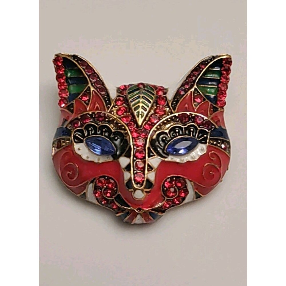 CAT FACE ANIMAL HEAD ENAMELED BROOCH WITH CRYSTALS 1.25" Red